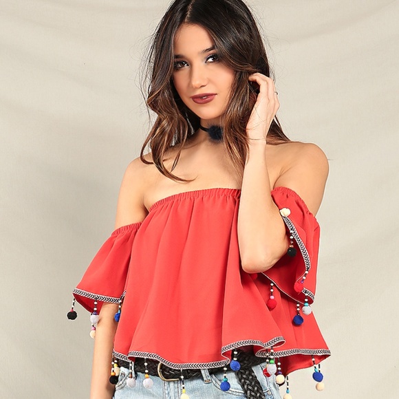 Love J Pompom Off the Shoulder Orange Boho Top - Picture 2 of 8